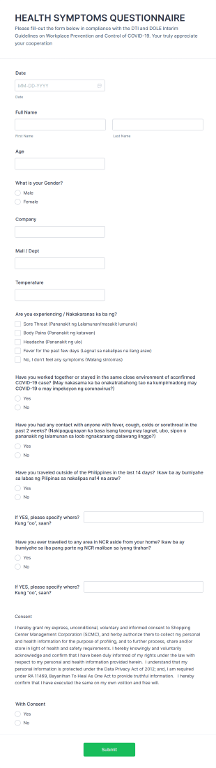Health Symptoms Questionnaire Form Template