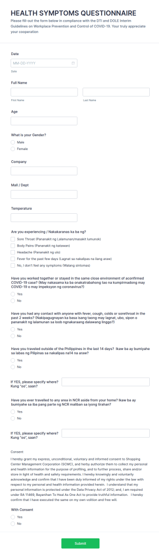 Health Symptoms Questionnaire Form Template