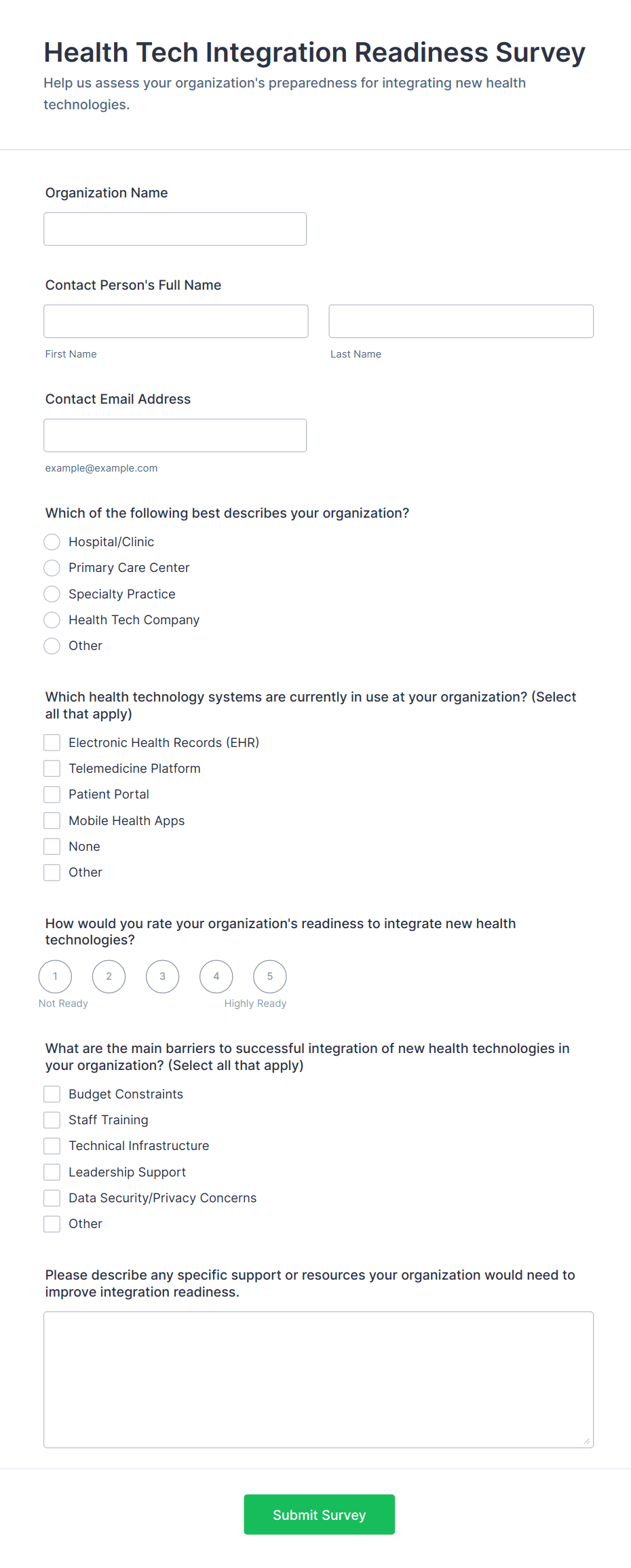 Health Tech Integration Readiness Survey Form Template | Jotform