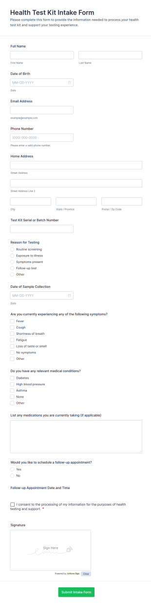 Health Test Kit Intake Form Template