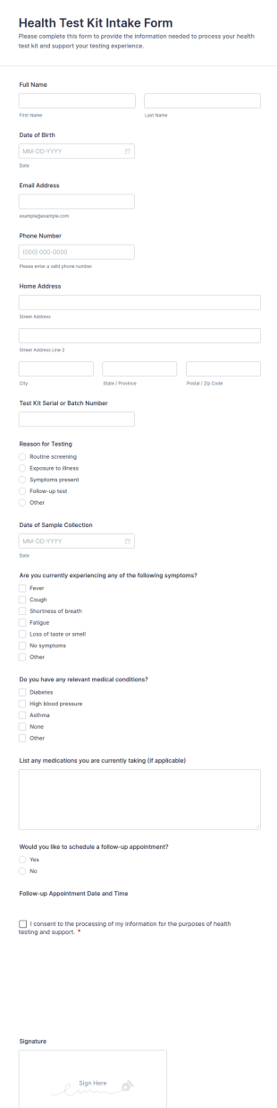 Health Test Kit Intake Form Template