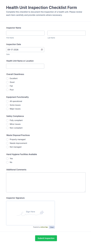 Health Unit Inspection Checklist Form Template