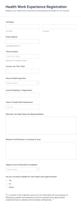 Health Work Experience Registration Form Template