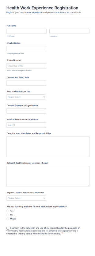 Health Work Experience Registration Form Template