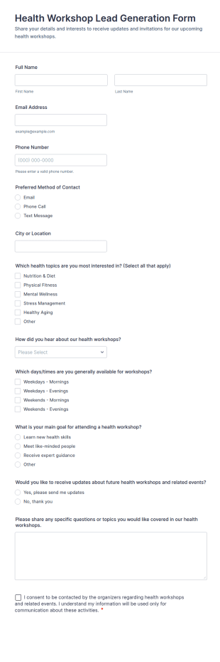 Health Workshop Lead Generation Form Template