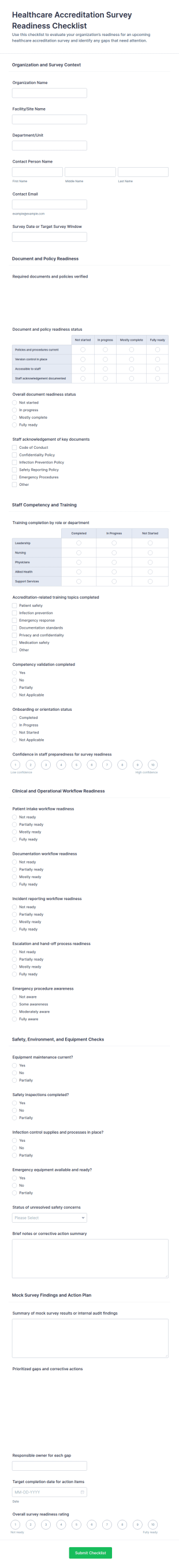 Healthcare Accreditation Survey Readiness Checklist Form Template