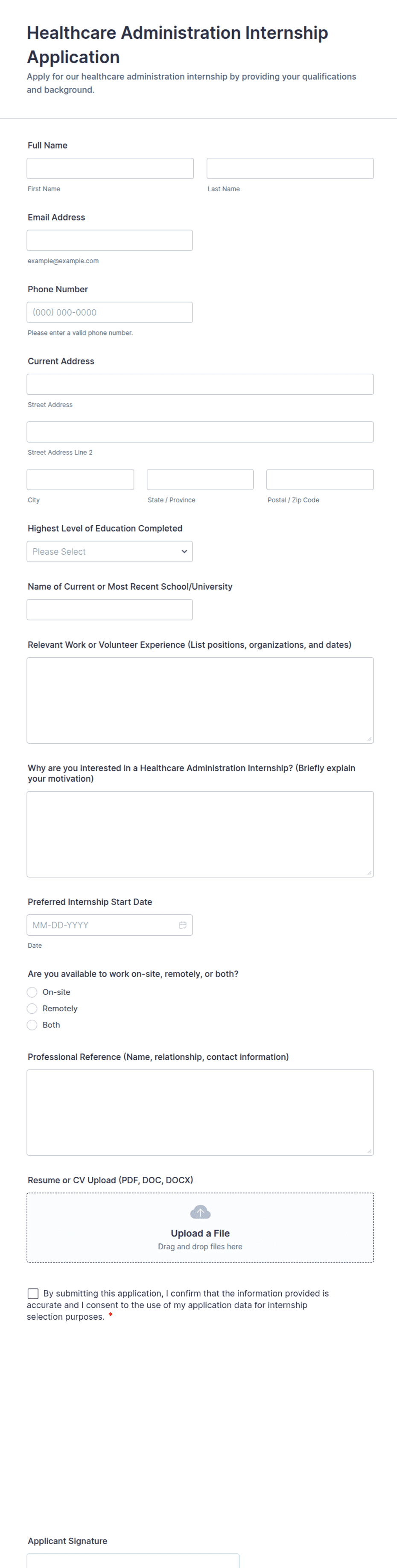 Healthcare Administration Internship Application Form Template | Jotform