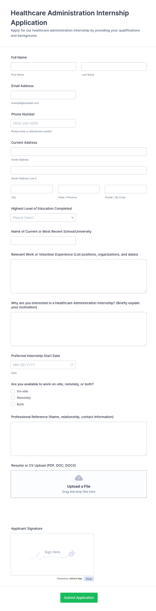 Healthcare Administration Internship Application Form Template