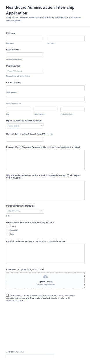 Healthcare Administration Internship Application Form Template