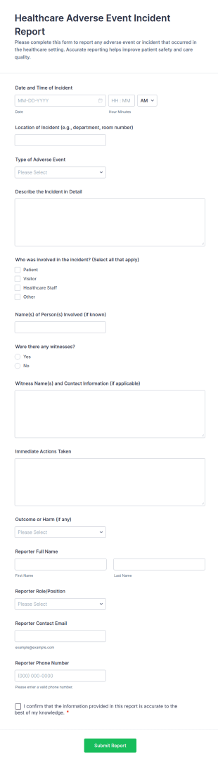 Healthcare Adverse Event Incident Report Form Template