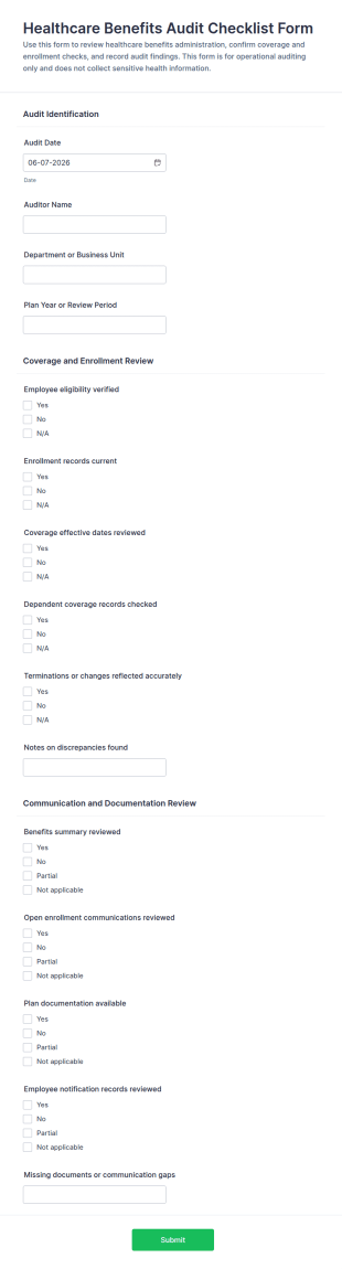 Healthcare Benefits Audit Checklist Form Template