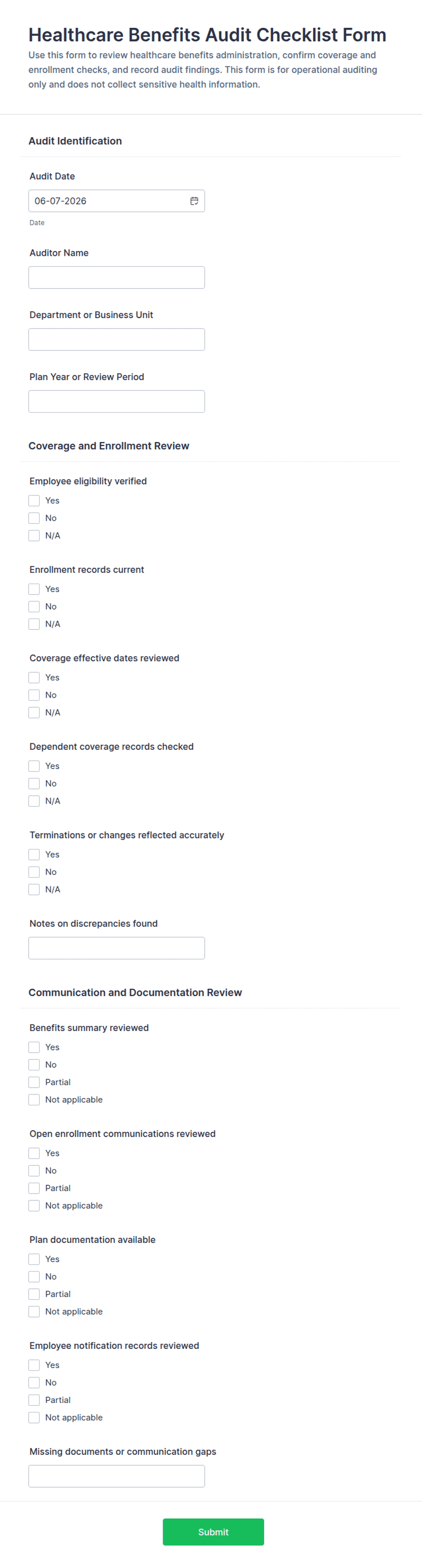 Healthcare Benefits Audit Checklist Form Template | Jotform