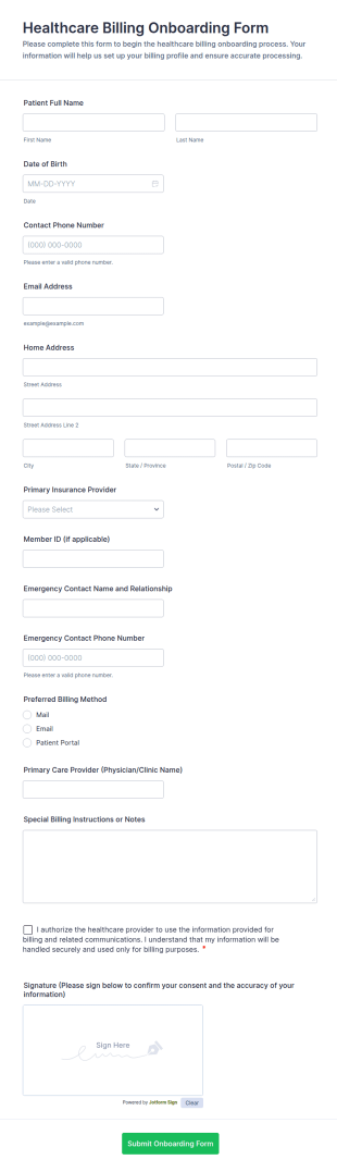Healthcare Billing Onboarding Form Template