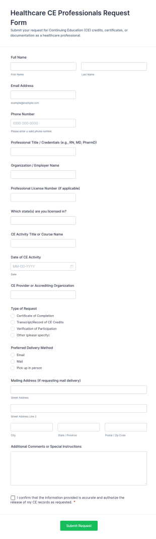 Healthcare CE Professionals Request Form Template