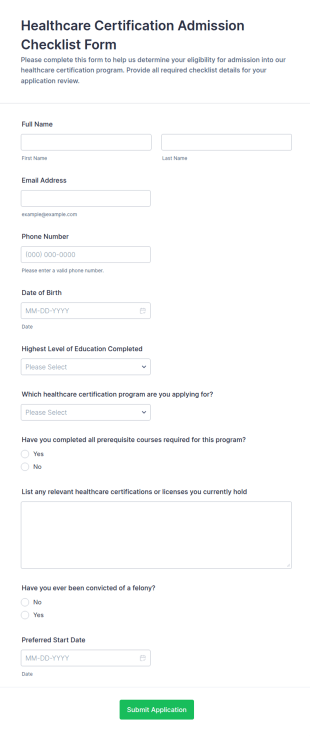 Healthcare Certification Admission Checklist Form Template