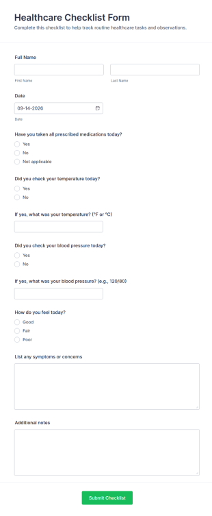 Healthcare Checklist Form Template