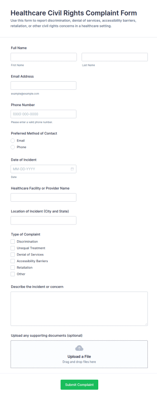 Healthcare Civil Rights Complaint Form Template