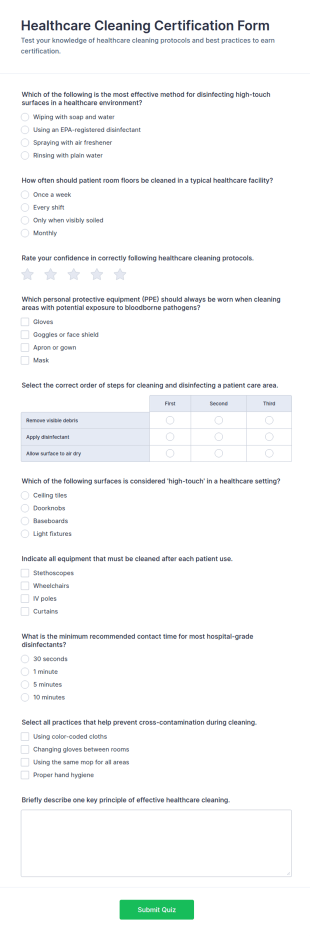 Healthcare Cleaning Certification Quiz Form Template