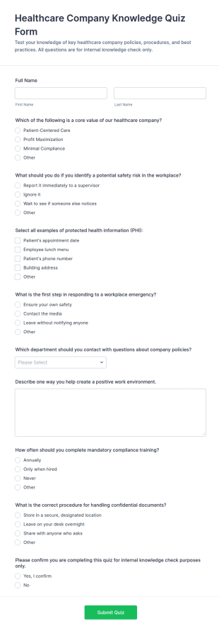 Healthcare Company Knowledge Quiz Form Template