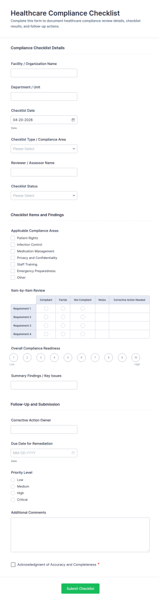 Healthcare Compliance Checklist Form Template