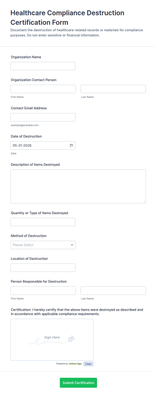Healthcare Compliance Destruction Certification Form Template