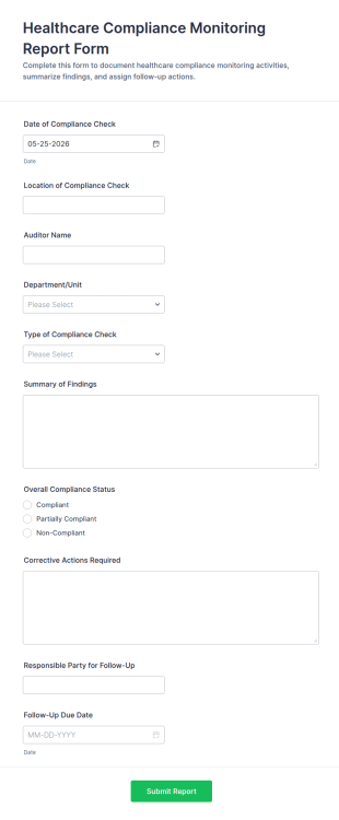 Healthcare Compliance Monitoring Report Form Template