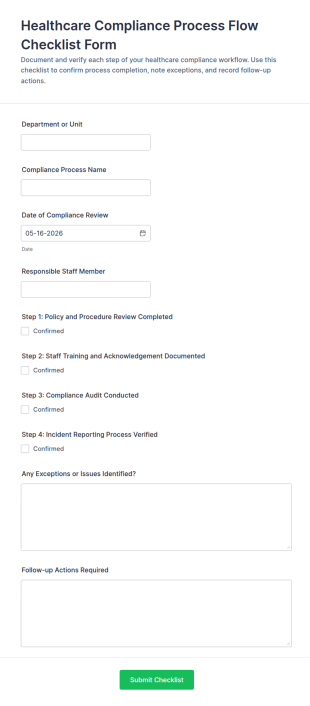 Healthcare Compliance Process Flow Checklist Form Template