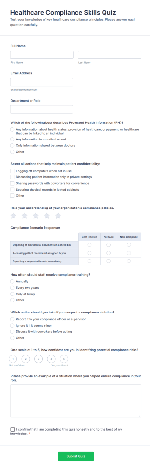 Healthcare Compliance Skills Quiz Form Template