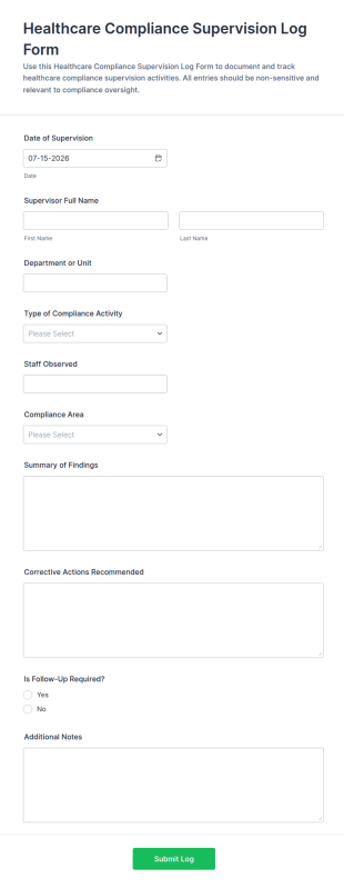 Healthcare Compliance Supervision Log Form Template