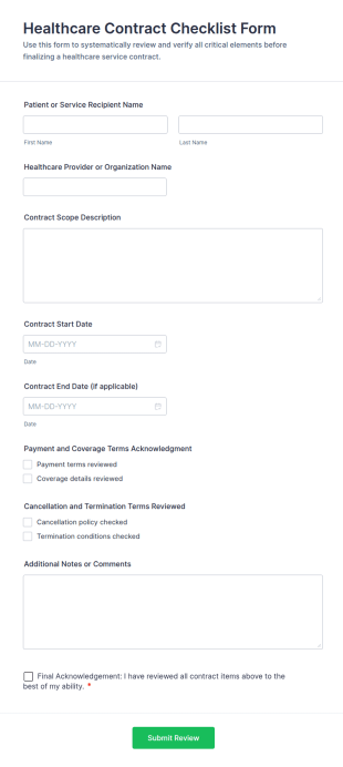 Healthcare Contract Checklist Form Template