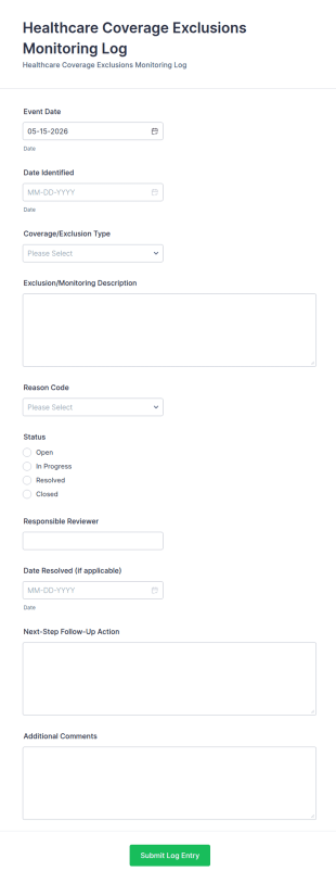 Healthcare Coverage Exclusions Monitoring Log Form Template