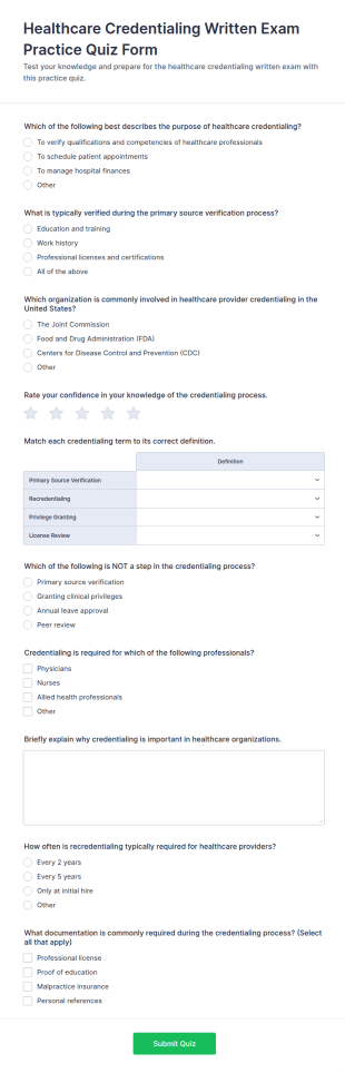 Healthcare Credentialing Written Exam Practice Quiz Form Template