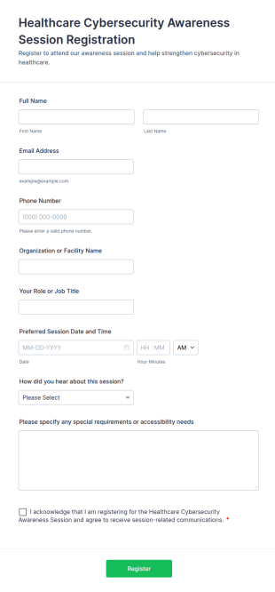 Healthcare Cybersecurity Awareness Session Registration Form Template