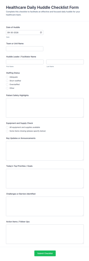 Healthcare Daily Huddle Checklist Form Template