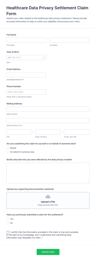 Healthcare Data Privacy Settlement Claim Form Template