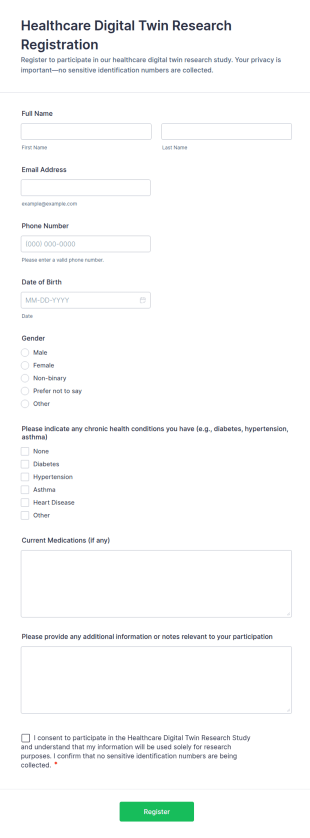 Healthcare Digital Twin Research Registration Form Template