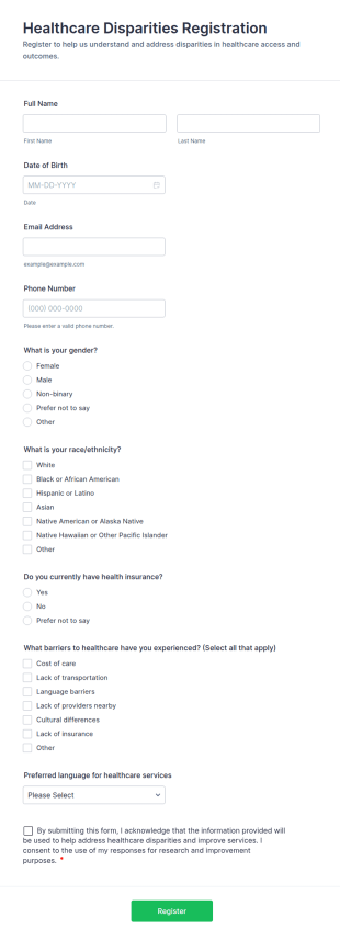 Healthcare Disparities Registration Form Template