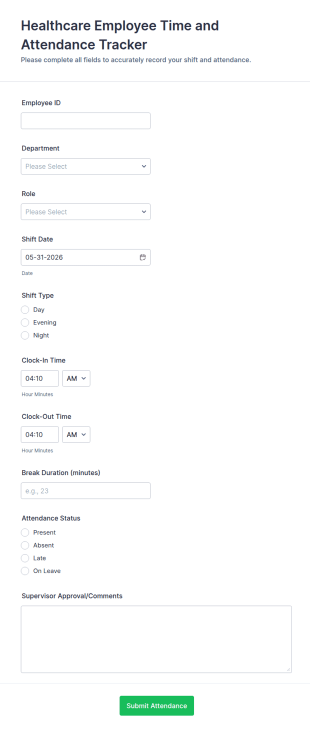 Healthcare Employee Time And Attendance Tracker Form Template