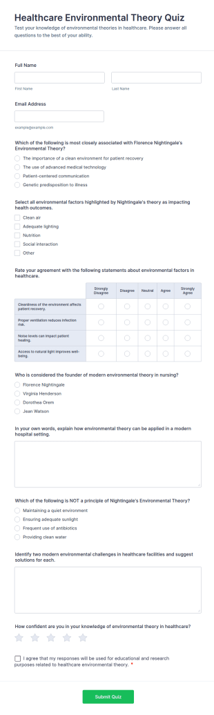 Healthcare Environmental Theory Quiz Form Template