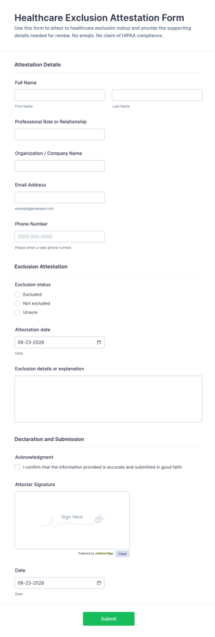 Healthcare Exclusion Attestation Form Template