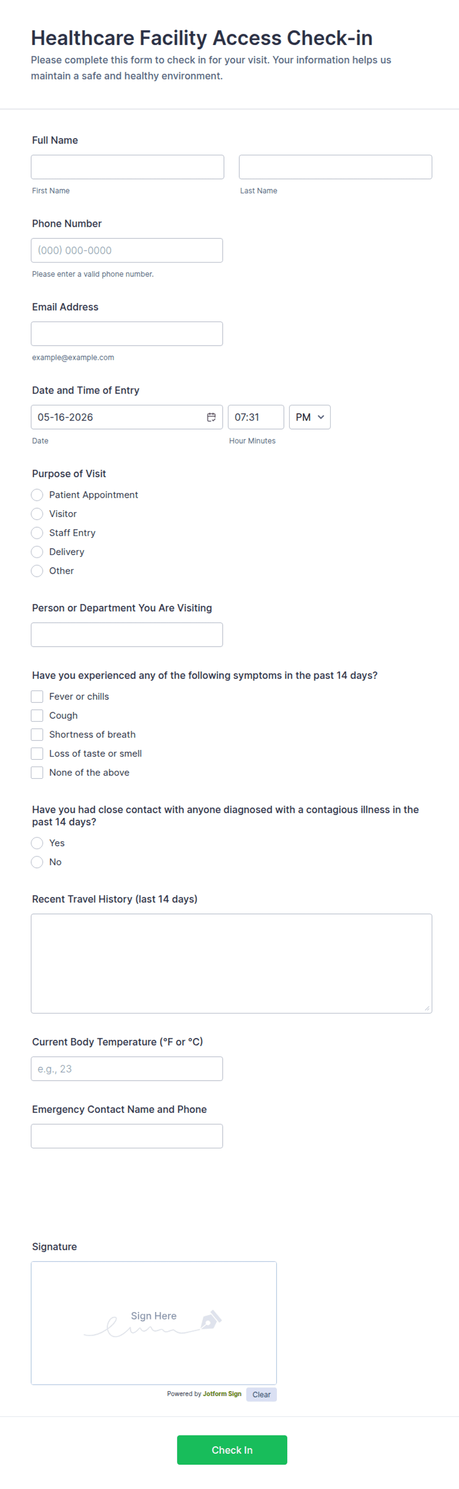 Healthcare Facility Access Check-in Form Template | Jotform