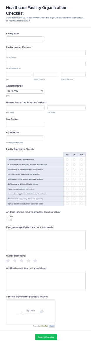 Healthcare Facility Organization Checklist Form Template