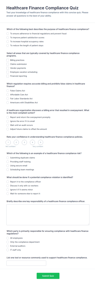 Healthcare Finance Compliance Quiz Form Template