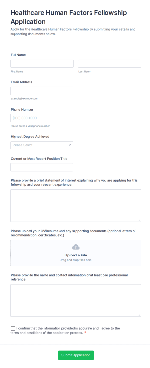 Healthcare Human Factors Fellowship Application Form Template