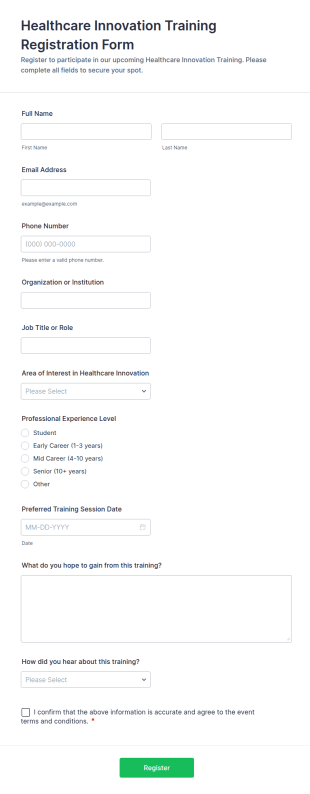Healthcare Innovation Training Registration Form Template