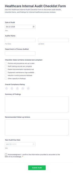 Healthcare Internal Audit Checklist Form Template
