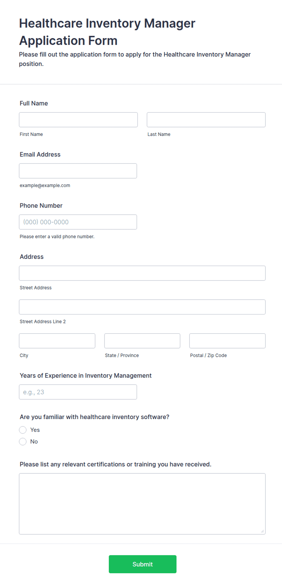 Healthcare Inventory Manager Application Form Template | Jotform