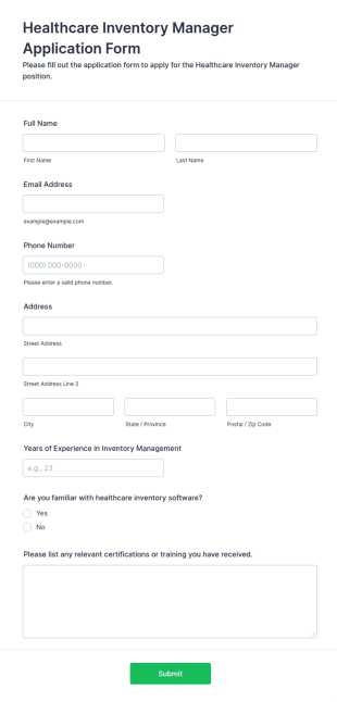 Healthcare Inventory Manager Application Form Template