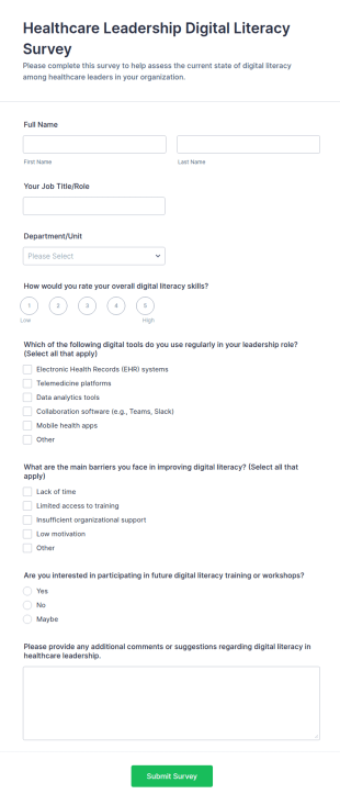 Healthcare Leadership Digital Literacy Survey Form Template