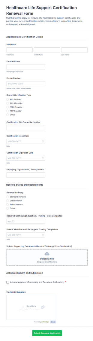 Healthcare Life Support Certification Renewal Form Template